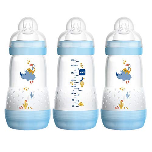 MAM Easy Start Anti-Colic Bottle 9 oz (3-Count) Baby Essentials Medium Flow Bottles with Silicone Nipple Baby Bottles for Baby Boy Blue