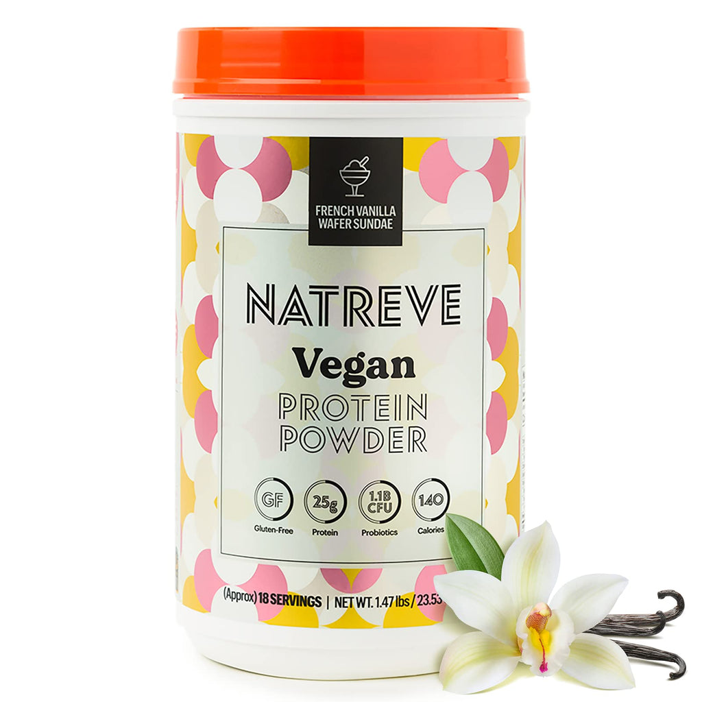 Natreve Vegan Protein Powder - 25g Plant Based Protein Powder with Probiotics and Amino Acids - Gluten Free French Vanilla Wafer Sundae 18 Servings
