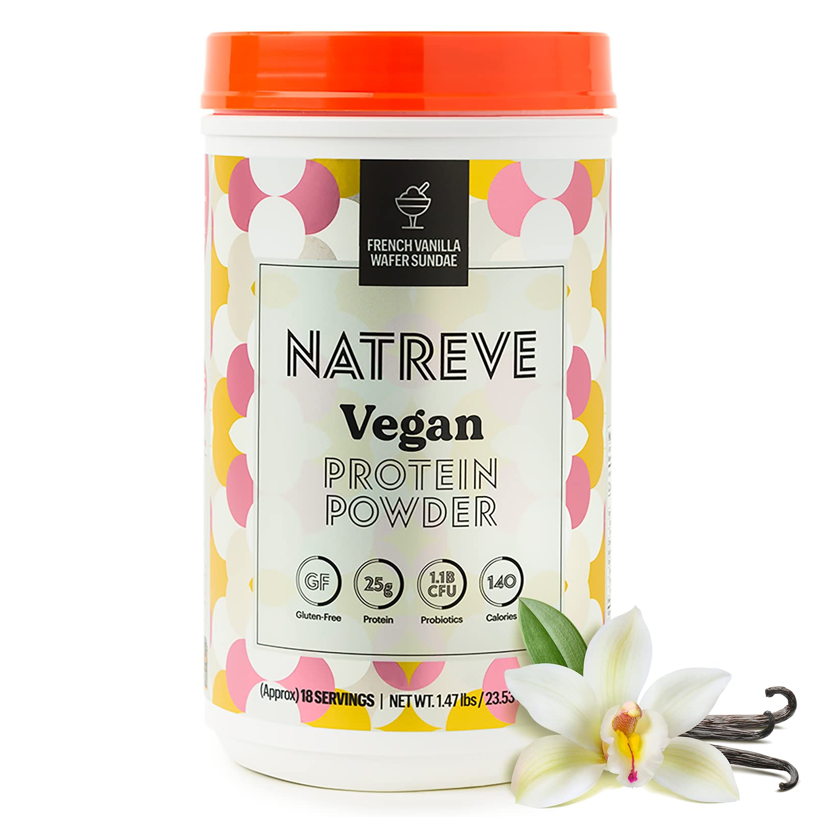 Natreve Vegan Protein Powder - 25g Plant Based Protein Powder with Probiotics and Amino Acids - Gluten Free French Vanilla Wafer Sundae 18 Servings